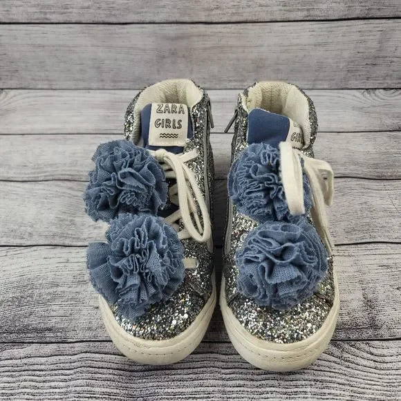 Zara Girls Size 34 Glitter Sneakers with Pom Poms - Picture 3 of 6